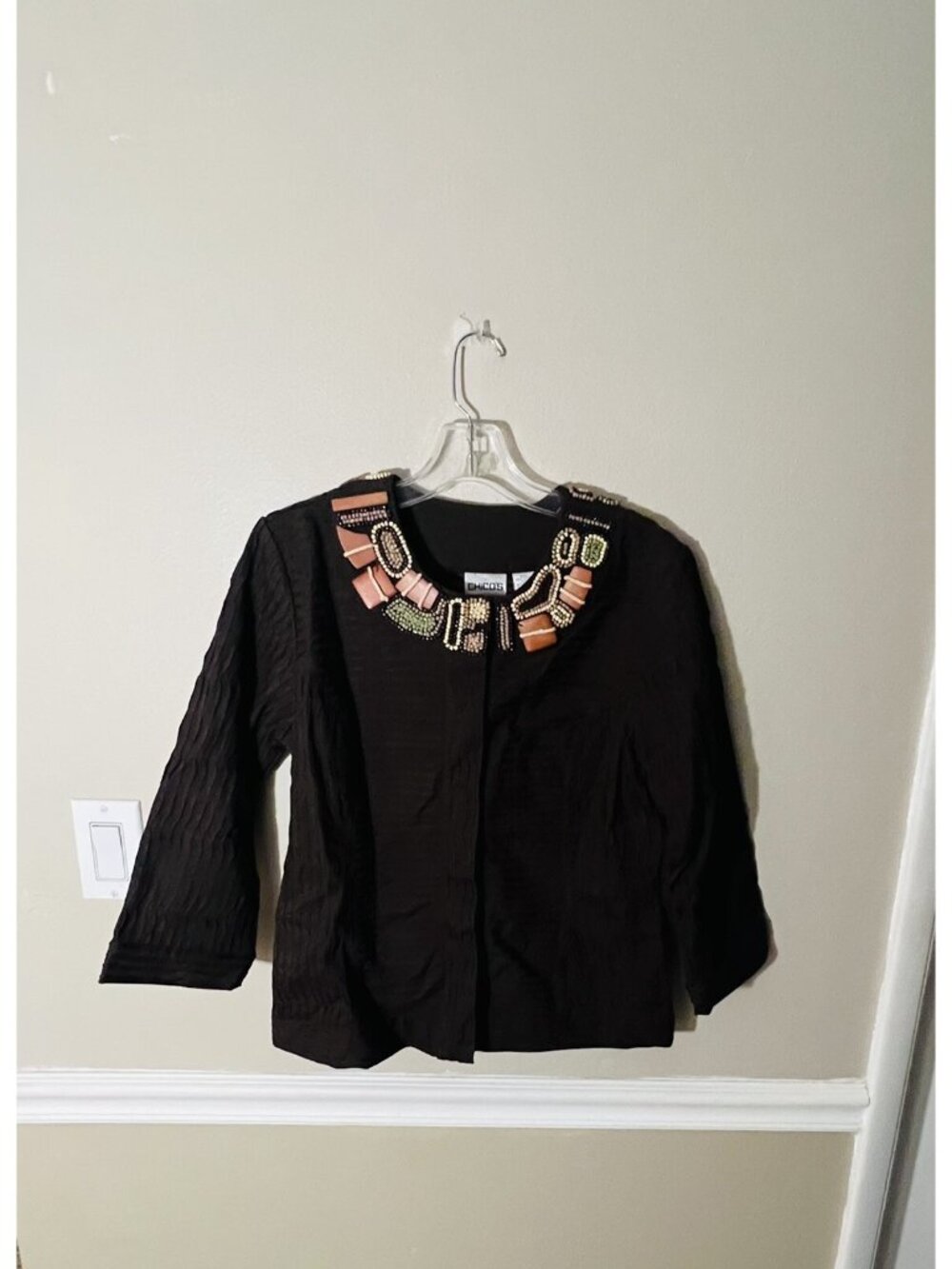 Chico's Womens Jacket size 0 Small Textured beaded wood Brown embellished neck - Picture 2 of 7